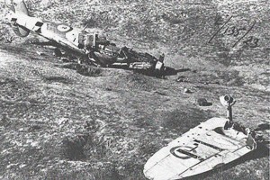 Crashed remnants of the REAF Supermarine Spitfire that Modi Alon downed on July 18, 1948.  Photographer Unknown.