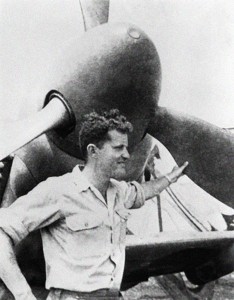 Modi Alon (whose original name was Klivanski), standing in front of the nose of a newly acquired Supermarine Spitfire, late summer 1948.