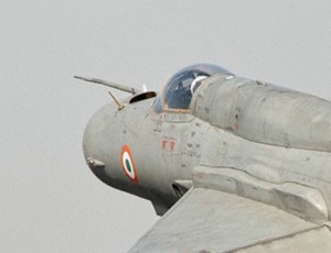 Close-up of an Indian MiG-21 in flight.