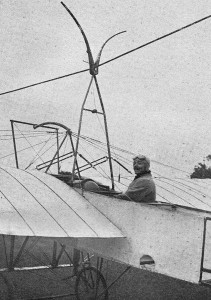 Adolphe Pégoud in a Blériot XI equipped with the cable launching device with its distinctive pair of horns.