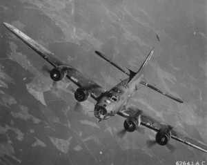 Original caption from 1943:  "'14/10/43.' Printed caption on reverse: '62641 USAF - Nazi fighter plane attacking a Boeing B-17 "Flying Fortress" during a bomb run over enemy installations somewhere in Europe, 10 September 1944. 100th Bomb Group, 3d Division. U.S. Air Force Photo."  Source: IWM Roger Freeman Collection, FRE003876