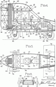 Internal layout and seating, highlighted by the cabin design.  From Glenn Curtiss' patent application of February 1917.