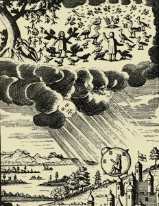 An illustration from de Bergerac's book, "Histoire Comique: Contenant les Etats et Empire de la Lune", as published in Paris in 1657.