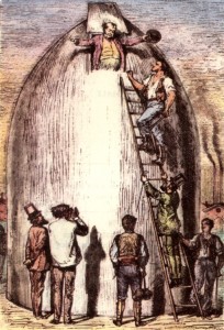 An illustration of the traveling projectile from the novel "From the Earth to the Moon" by Jules Verne drawn by Henri de Montaut.