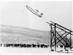 Launch of the "Gloria" on its ill-fated flight -- The rocket plane "climbed swiftly in the air, veered to the left, frightened the watching crowd by circling close to it, then straightened out and crashed to the ice after having traveled a distance of approximately 150 yards."